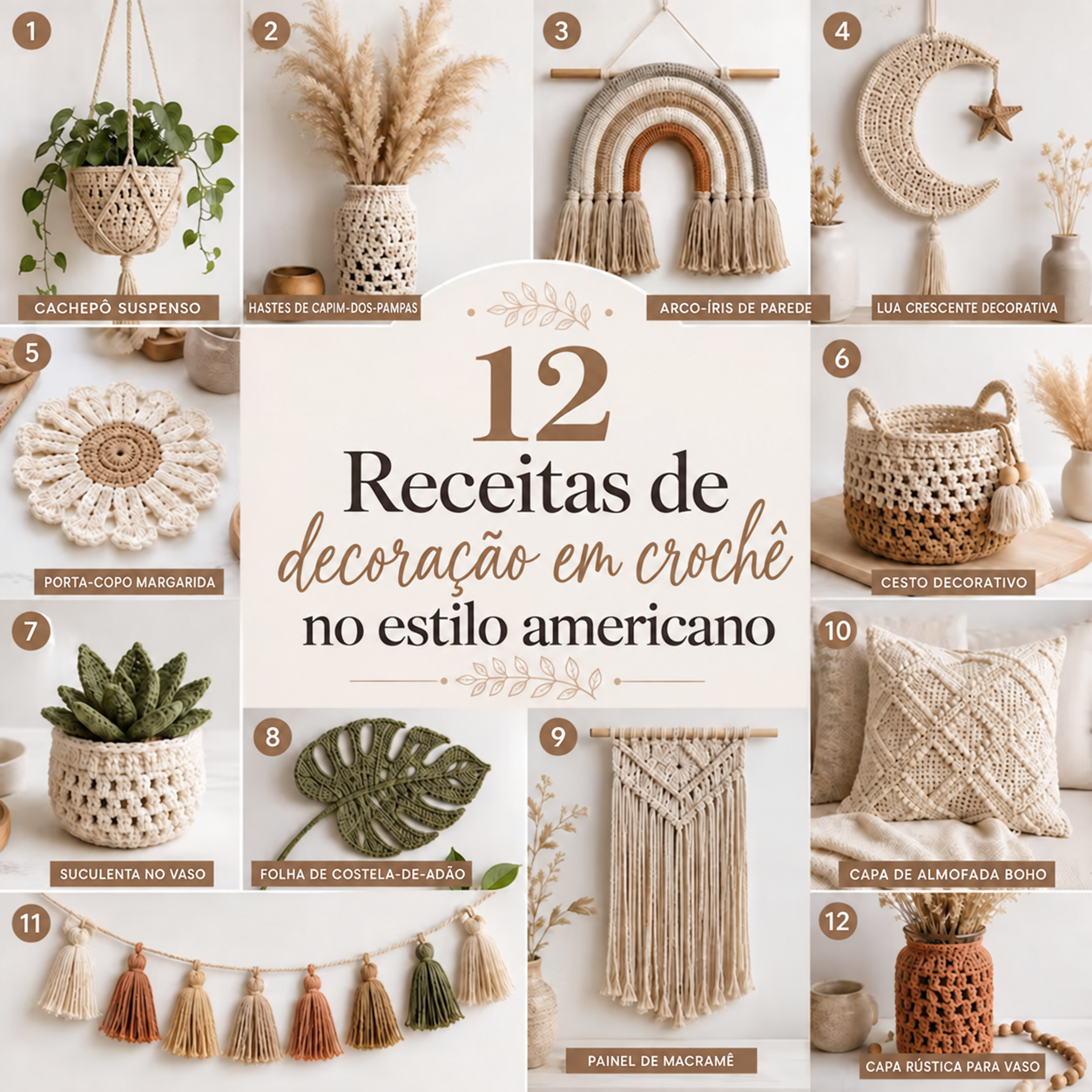 12 peças de decoração em crochê no estilo americano